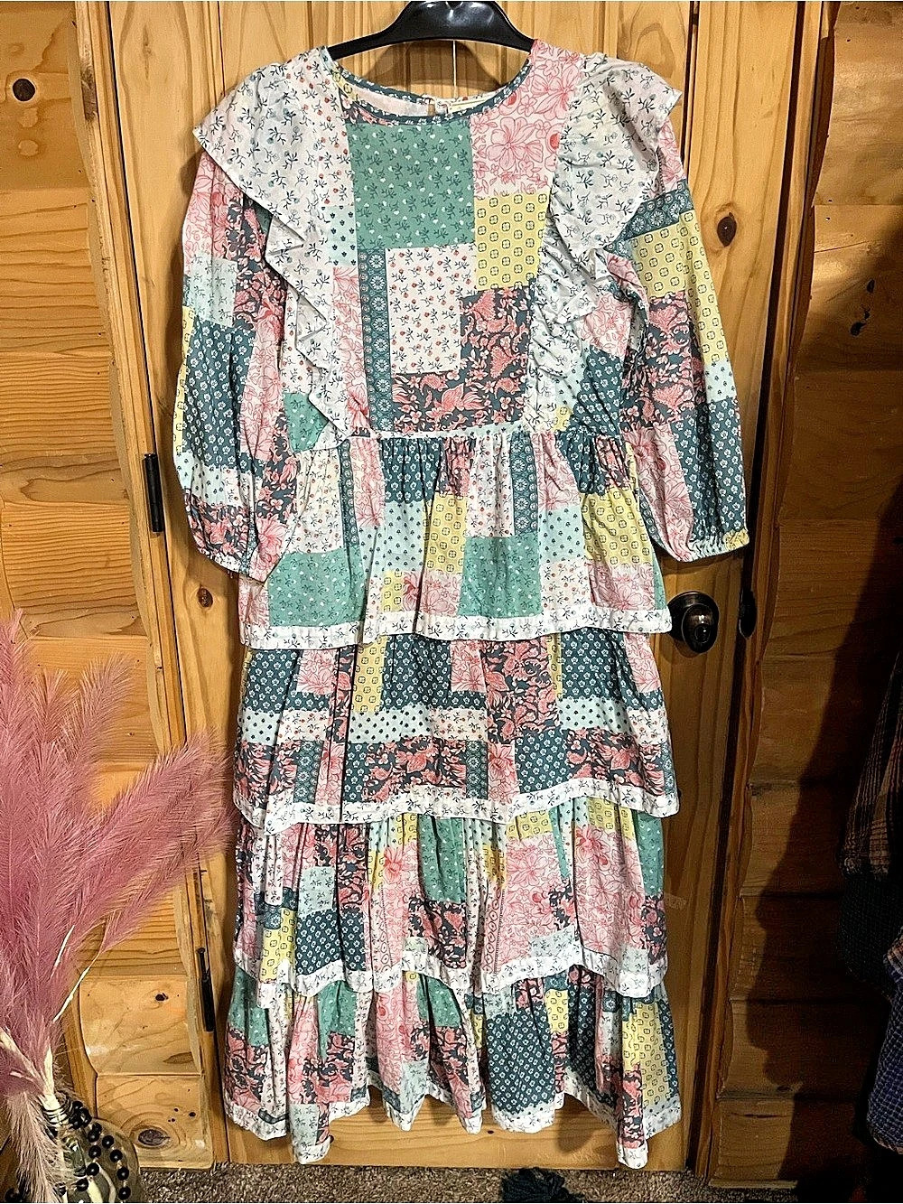 Simply Southern Patchwork Ruffle Tiered Maxi Dress Green & Pink Small